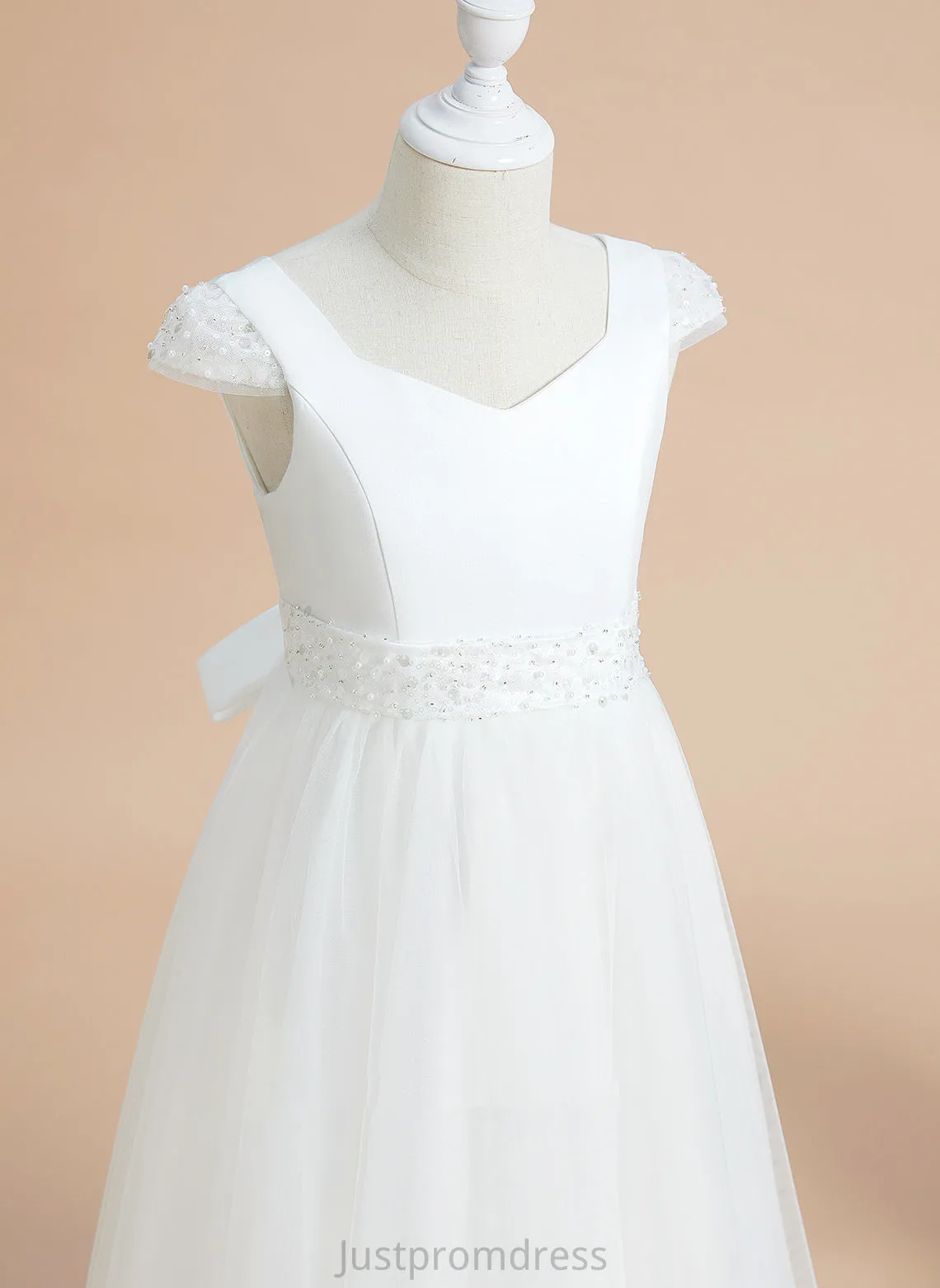 Flower Floor-length Flower Girl Dresses With - Dress Beading/Bow(s) Sal V-neck Girl Satin/Tulle Ball-Gown/Princess Sleeves Short