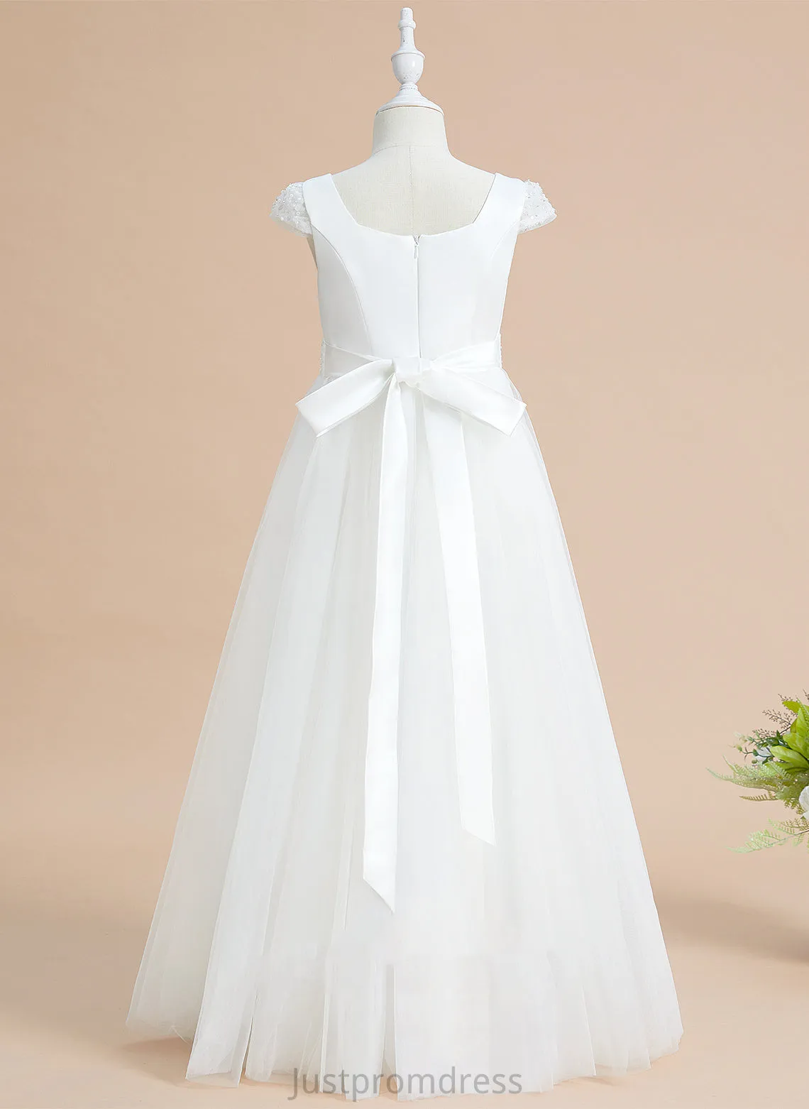 Flower Floor-length Flower Girl Dresses With - Dress Beading/Bow(s) Sal V-neck Girl Satin/Tulle Ball-Gown/Princess Sleeves Short