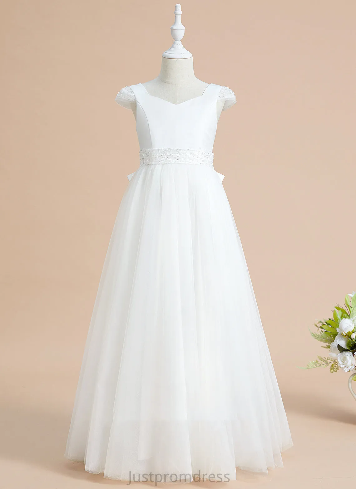 Flower Floor-length Flower Girl Dresses With - Dress Beading/Bow(s) Sal V-neck Girl Satin/Tulle Ball-Gown/Princess Sleeves Short