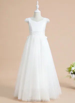 Flower Floor-length Flower Girl Dresses With - Dress Beading/Bow(s) Sal V-neck Girl Satin/Tulle Ball-Gown/Princess Sleeves Short