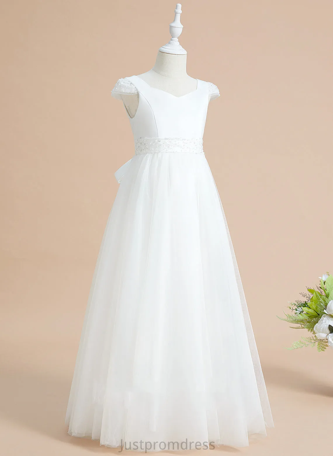 Flower Floor-length Flower Girl Dresses With - Dress Beading/Bow(s) Sal V-neck Girl Satin/Tulle Ball-Gown/Princess Sleeves Short