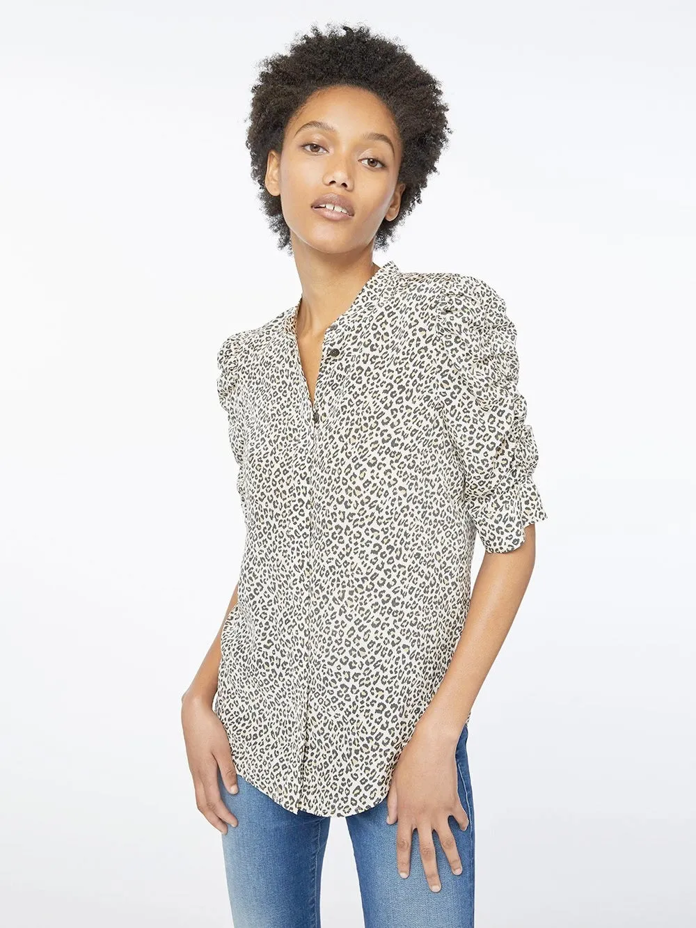 Frame - Shirred Sleeve Button-Up Top in Caramel Multi