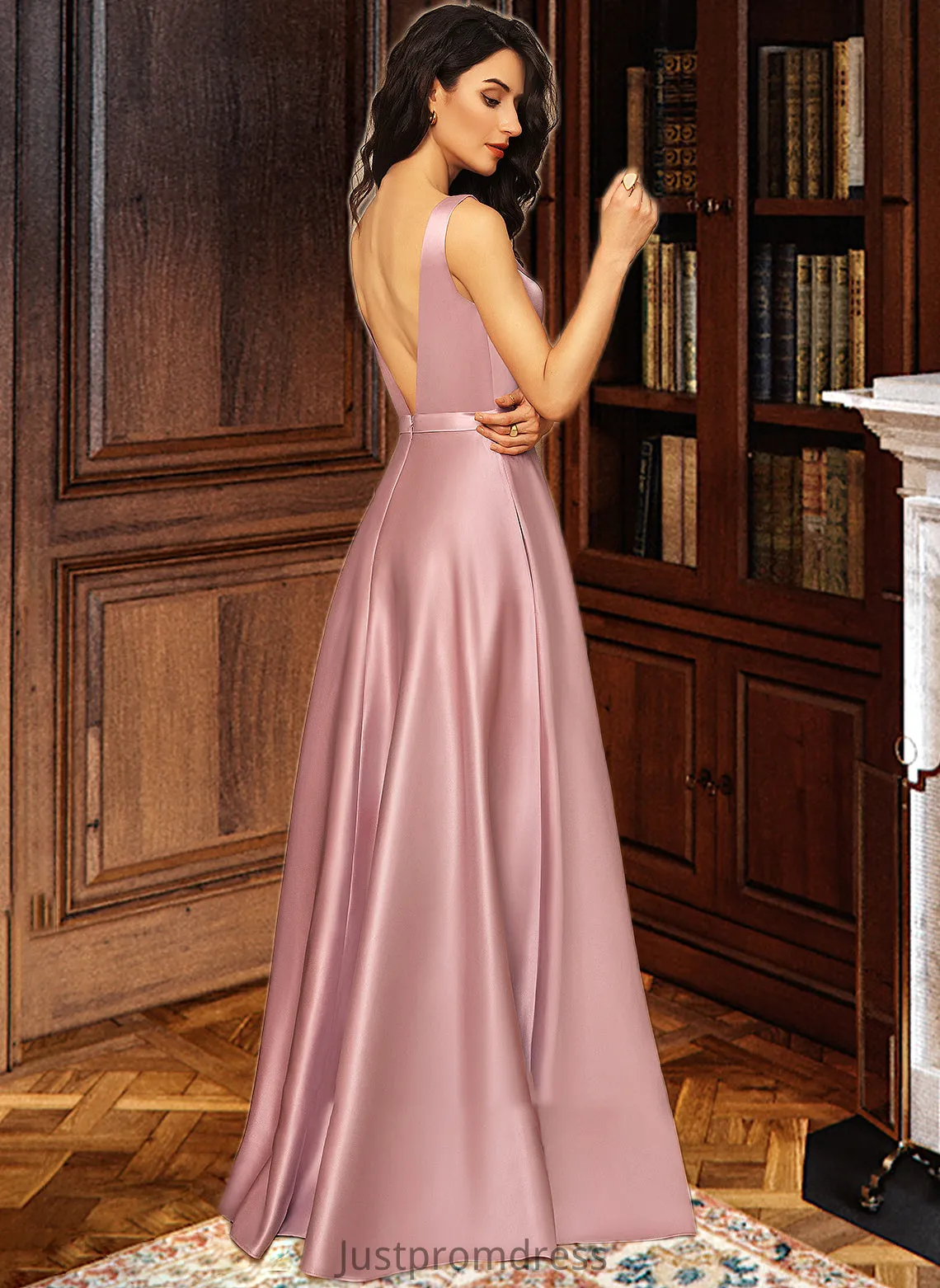 Gina Ball-Gown/Princess V-neck Floor-Length Satin Bridesmaid Dress With Pockets HHP0012880