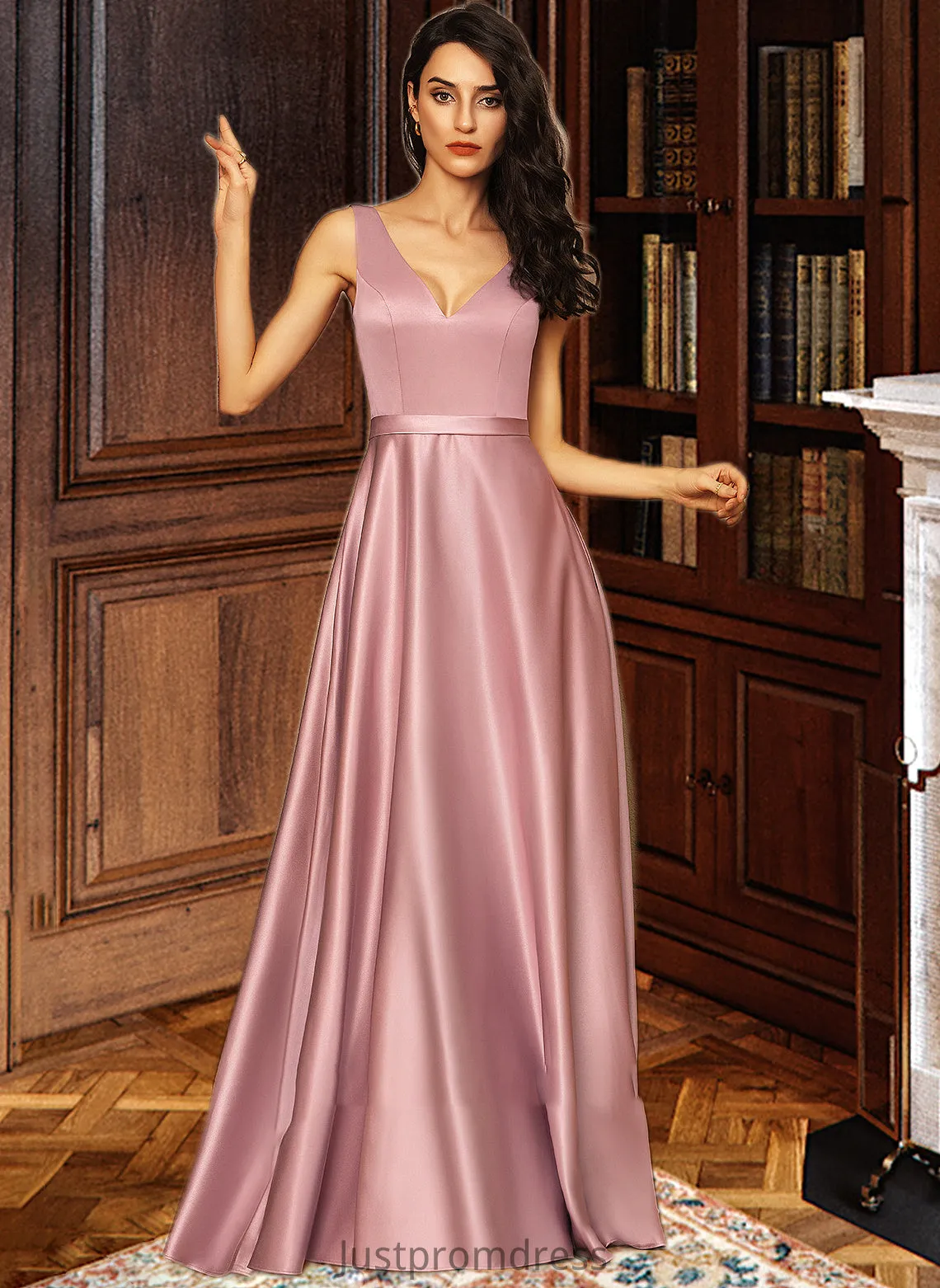 Gina Ball-Gown/Princess V-neck Floor-Length Satin Bridesmaid Dress With Pockets HHP0012880
