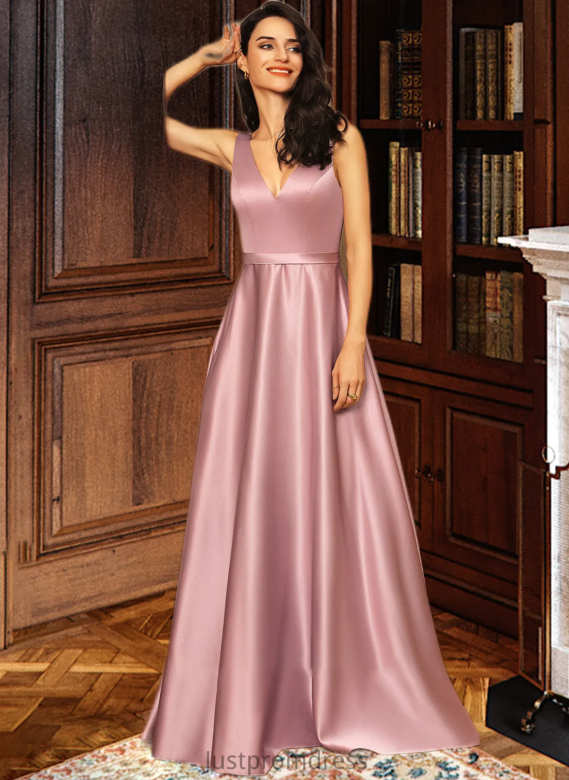 Gina Ball-Gown/Princess V-neck Floor-Length Satin Bridesmaid Dress With Pockets HHP0012880
