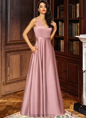 Gina Ball-Gown/Princess V-neck Floor-Length Satin Bridesmaid Dress With Pockets HHP0012880