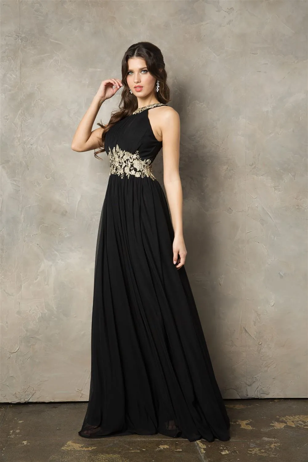 Gold Embroidered Halter A-line Chiffon Gown by Juno 1029