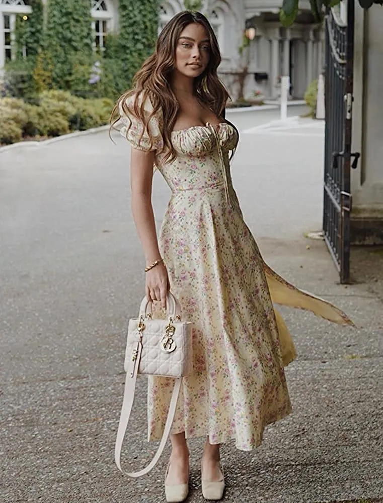 Good Better Dress Yellow  Elegant Floral Print Puff Sleeve Maxi Dress