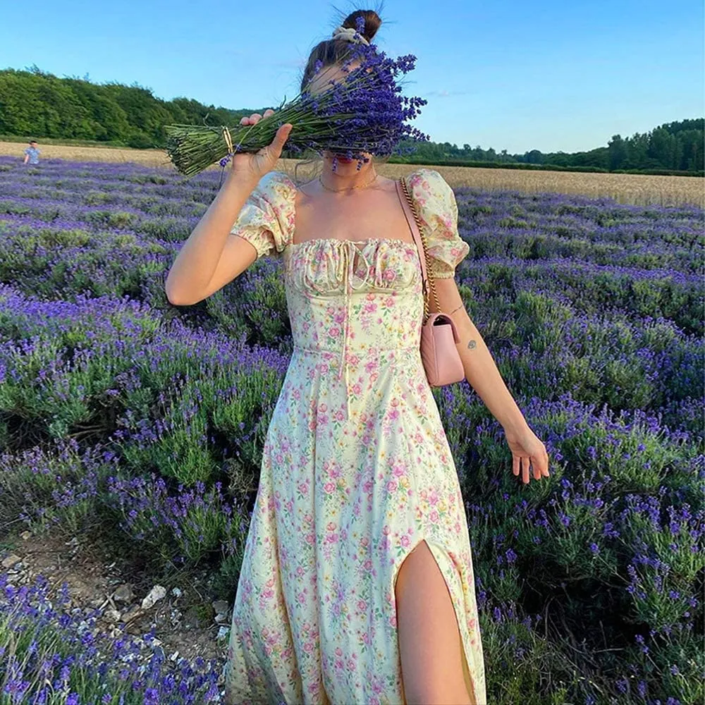 Good Better Dress Yellow  Elegant Floral Print Puff Sleeve Maxi Dress