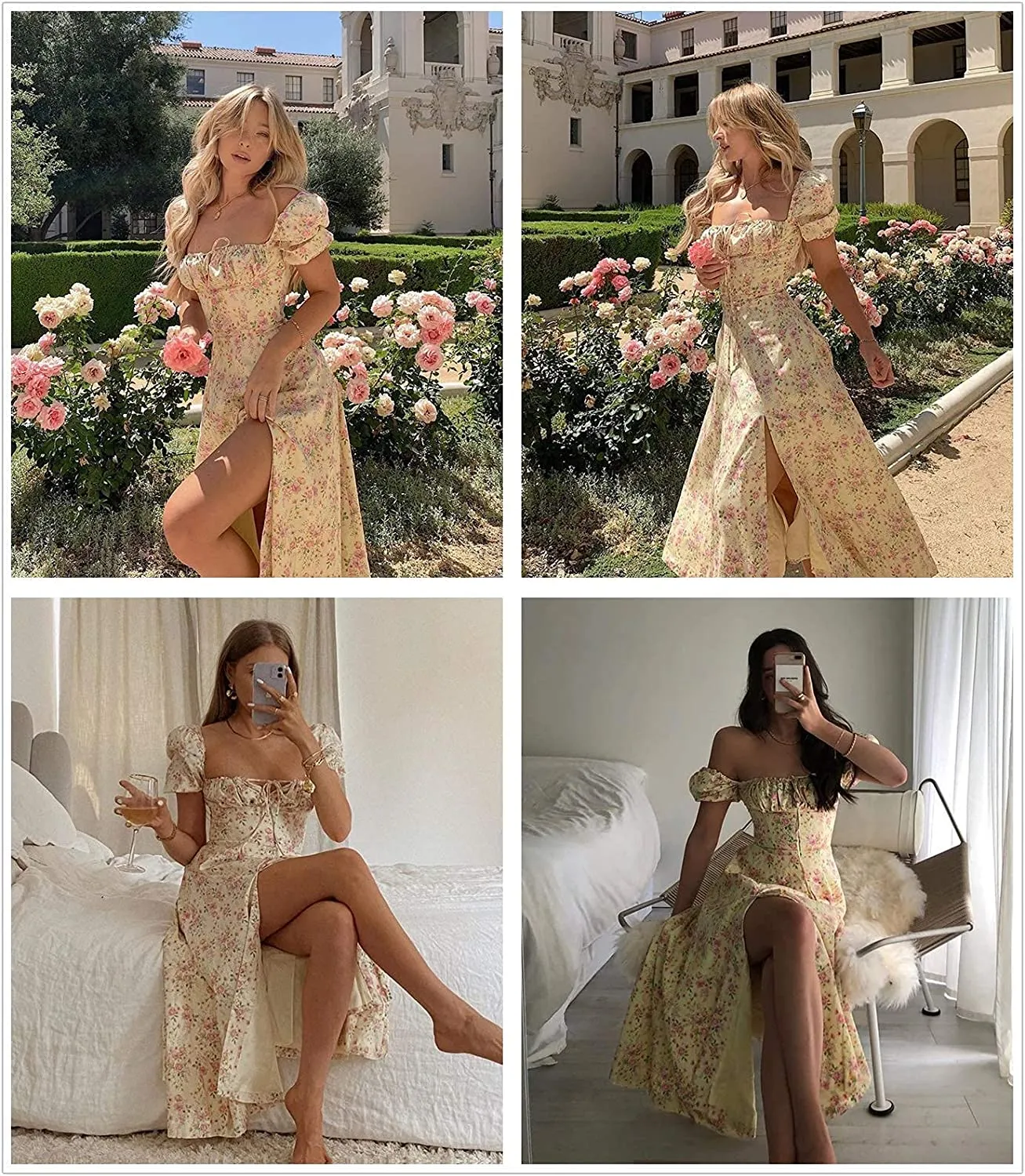 Good Better Dress Yellow  Elegant Floral Print Puff Sleeve Maxi Dress