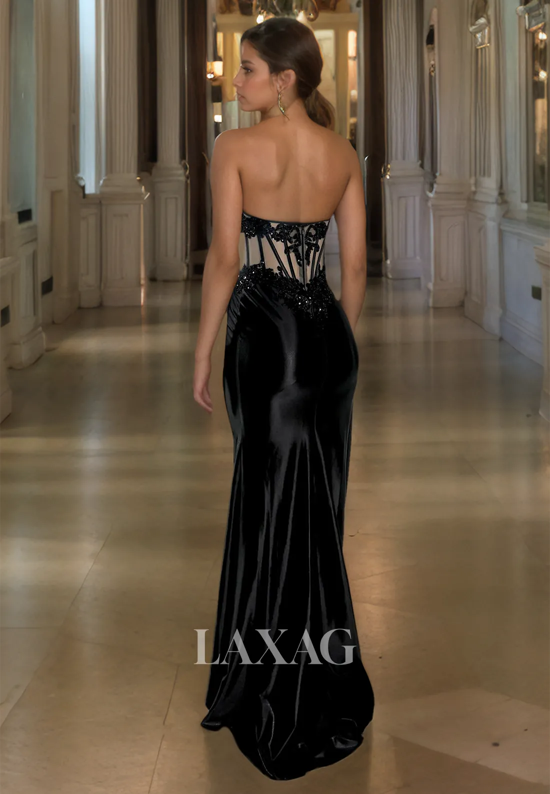 Halter-Neck Sleeveless Pearls Sexy Formal Prom Dress Cutout Floor-Length Mermaid Party Gowns