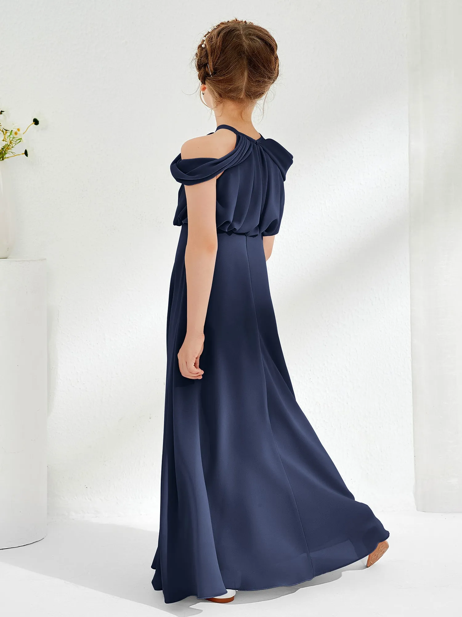 Halter Off-the-shoulder Junior Bridesmaid Dress Dark Navy