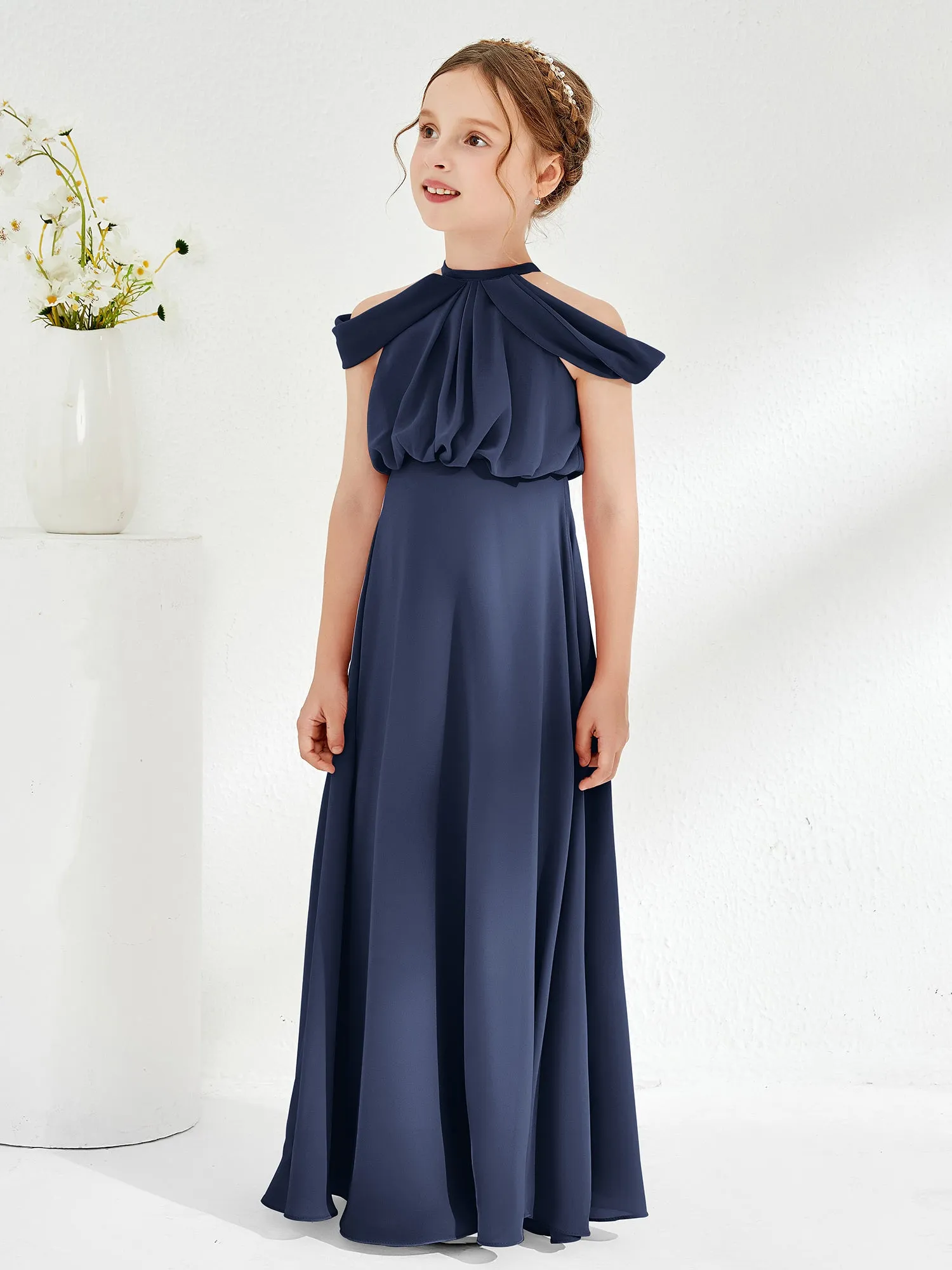 Halter Off-the-shoulder Junior Bridesmaid Dress Dark Navy