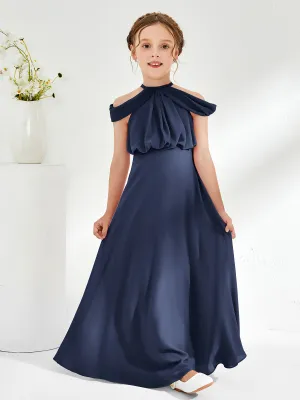 Halter Off-the-shoulder Junior Bridesmaid Dress Dark Navy