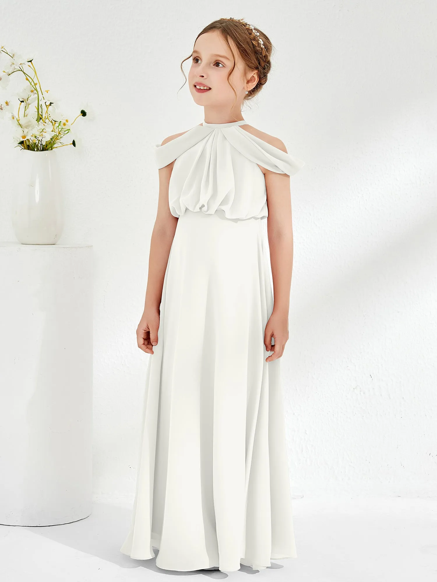 Halter Off-the-shoulder Junior Bridesmaid Dress Ivory