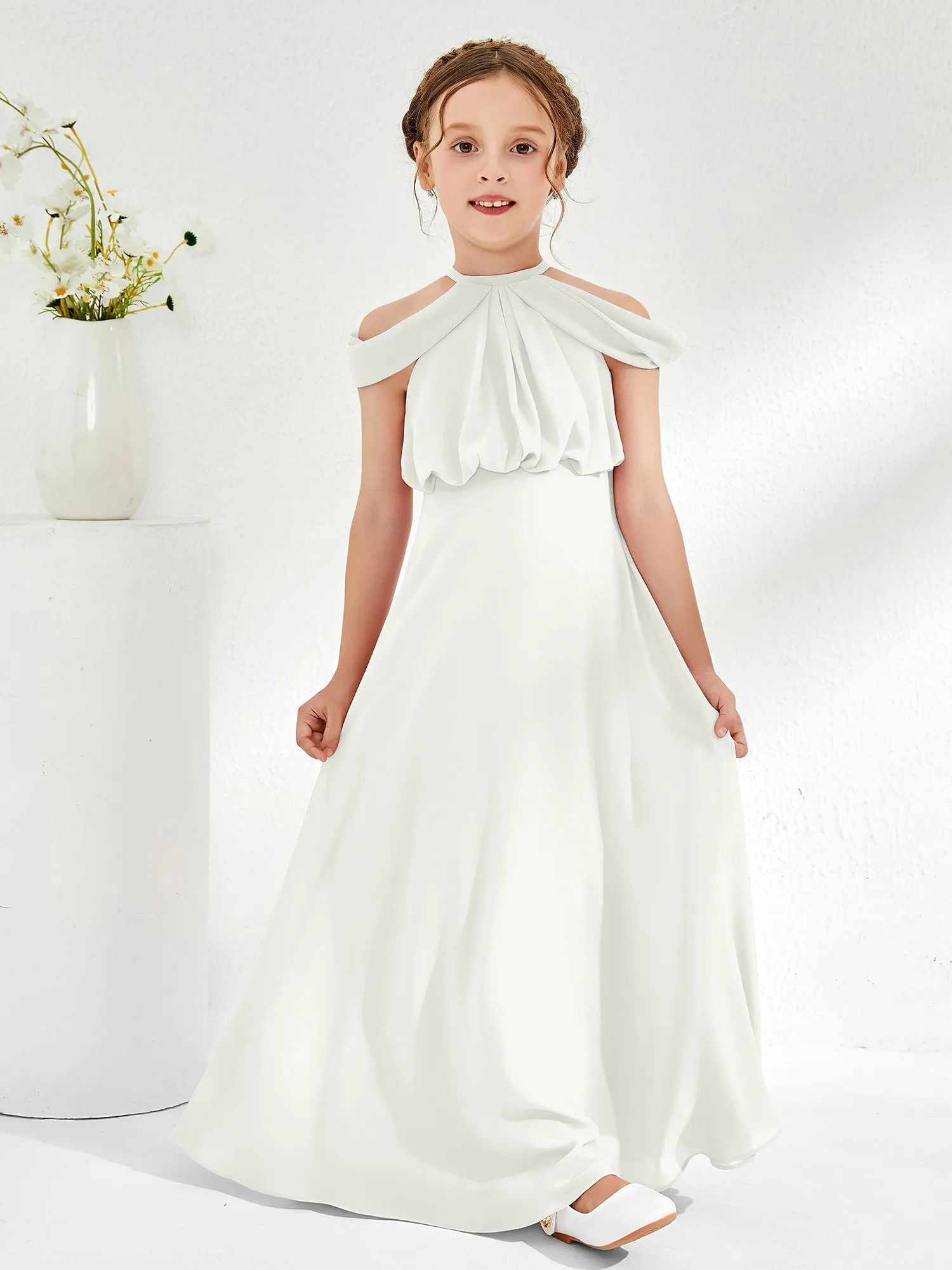 Halter Off-the-shoulder Junior Bridesmaid Dress Ivory