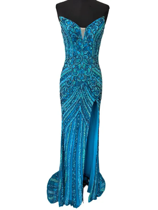 Jovani 38707 Size 12 Dark Green Beaded Strapless Peak Point Prom Dress Maxi Slit Pageant Gown Sequin Gown