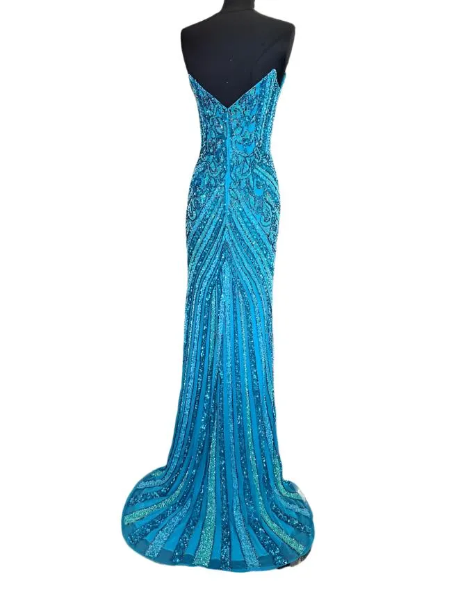 Jovani 38707 Size 12 Dark Green Beaded Strapless Peak Point Prom Dress Maxi Slit Pageant Gown Sequin Gown