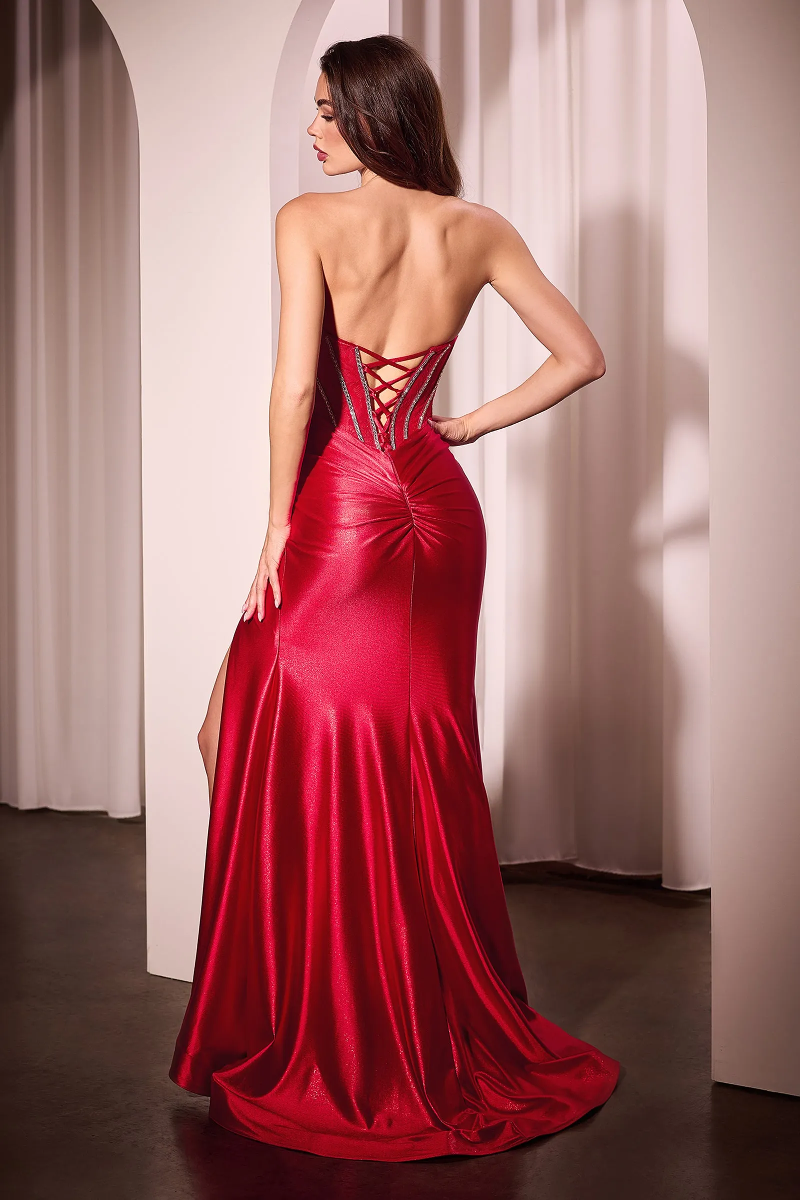 Lace Bodice Satin Strapless Slit Gown by Ladivine CM368