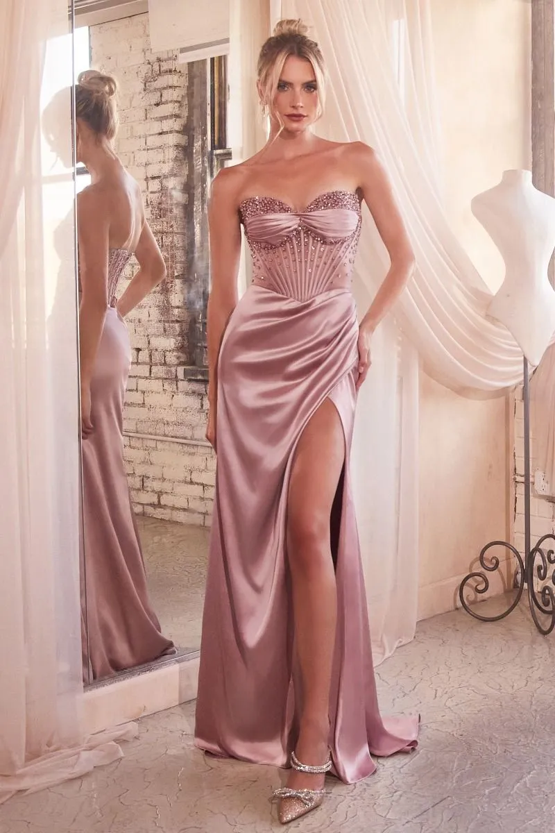 Ladivine CD295 Satin Maxi Slit Sheer Point Crystal Corset Prom Dress Formal Evening Gown