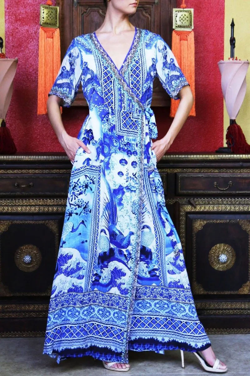 Long Blue Wrap Dress Maxi