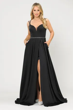 Long Satin V-Neck Dress with Corset Back by Poly USA 8654