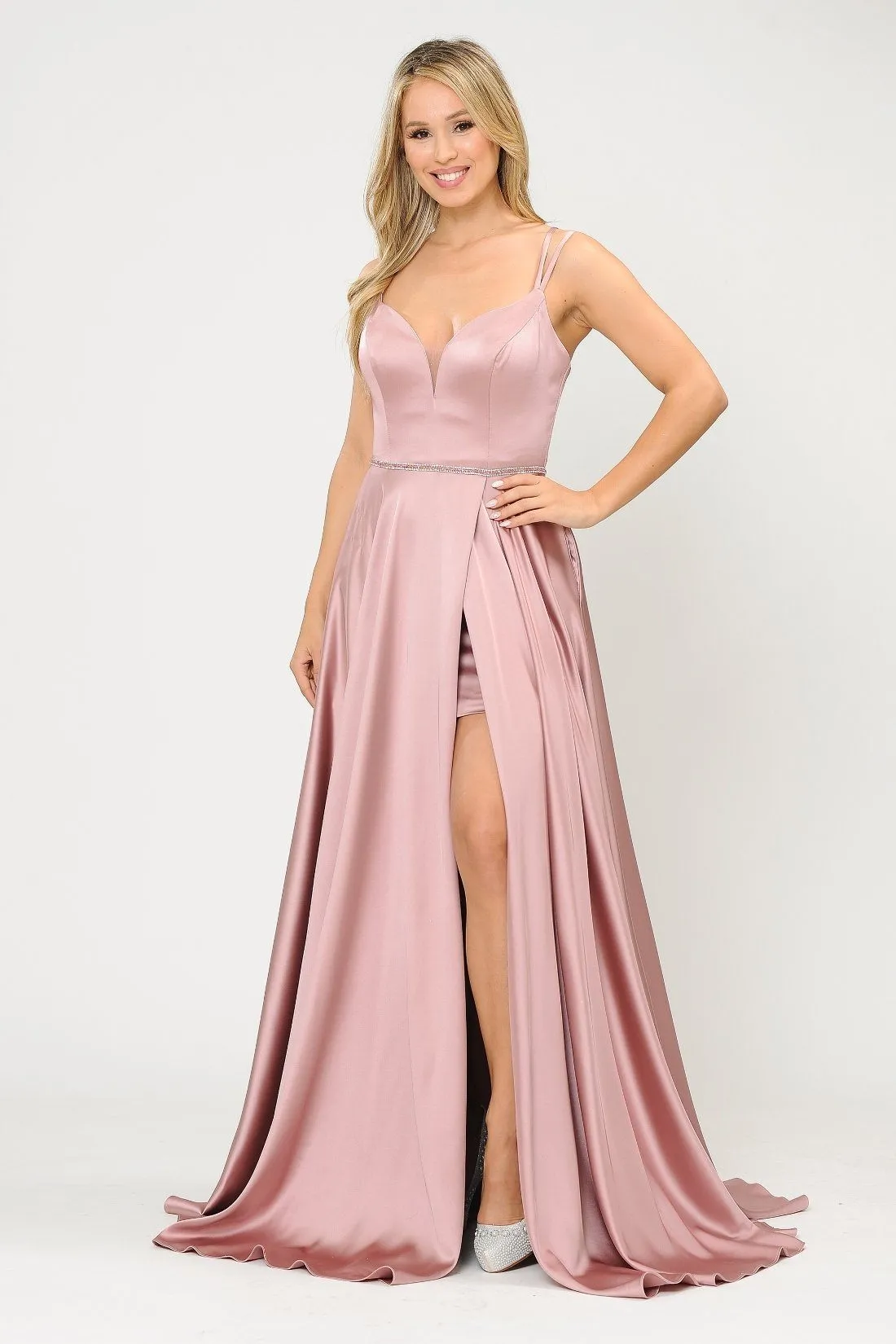 Long Satin V-Neck Dress with Corset Back by Poly USA 8654