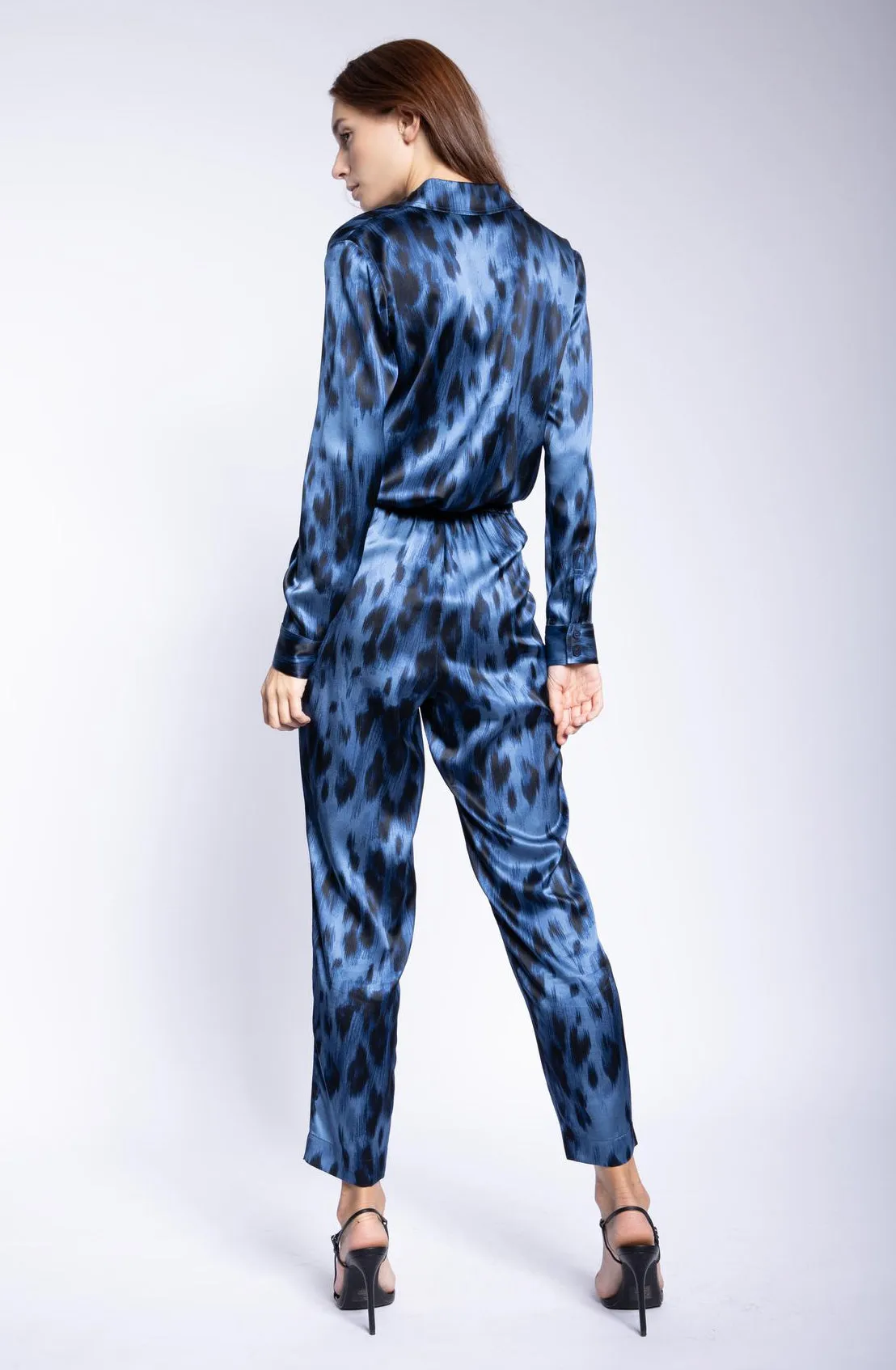 Long Sleeve Blouse   Blue Kitty Stretch Silk