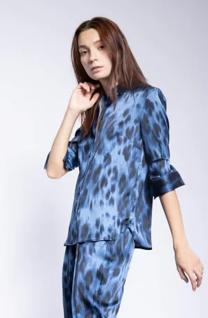 Long Sleeve Blouse   Blue Kitty Stretch Silk