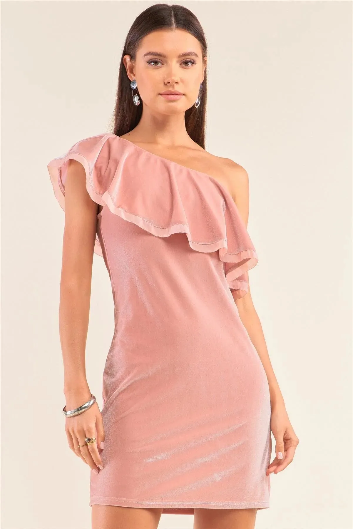Make Me Blush Pink Velvet Sleeveless Off-One-Shoulder Mesh Detail Flare Hem Slim Fit Mini Dress /1-3-1