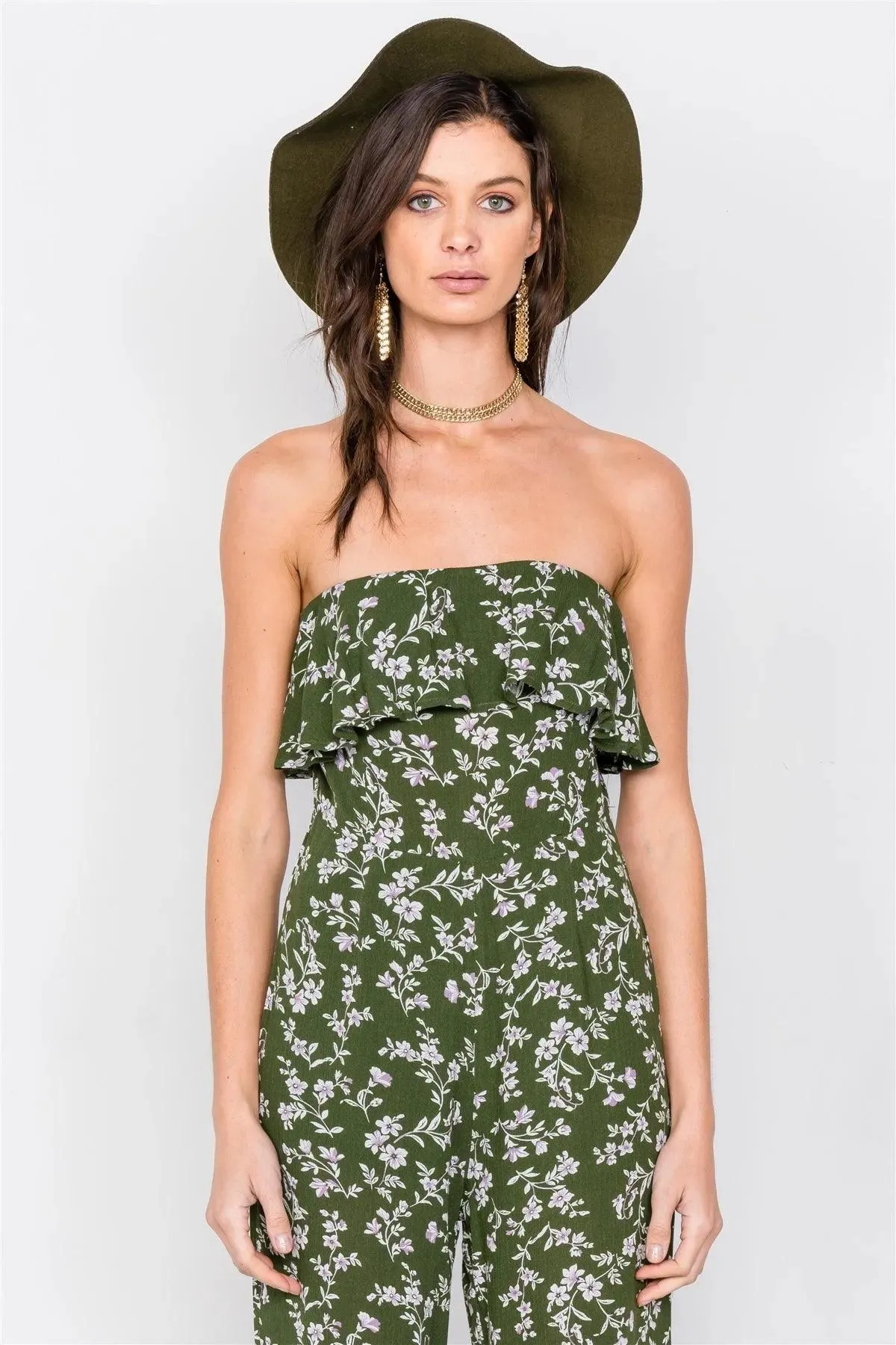 Moss Boho Floral Print Tube Top Flounce Trim Wide Leg Jumpsuit /3-2-1