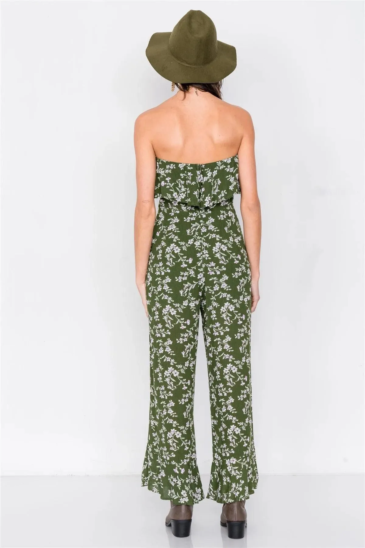 Moss Boho Floral Print Tube Top Flounce Trim Wide Leg Jumpsuit /3-2-1