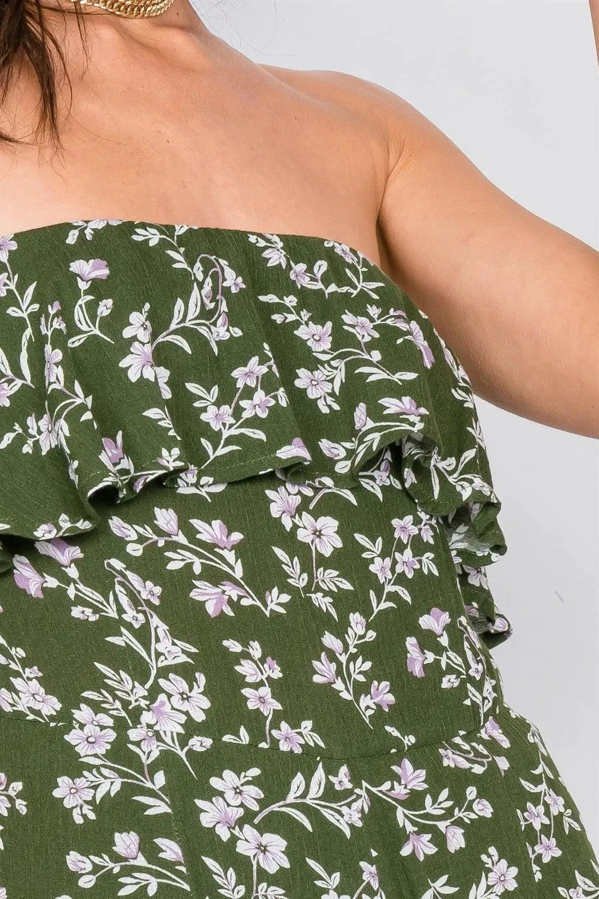 Moss Boho Floral Print Tube Top Flounce Trim Wide Leg Jumpsuit /3-2-1