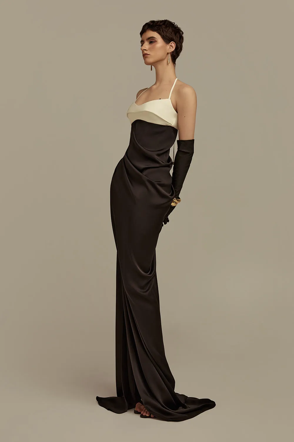 Nyx Sheath Halter Neck Silk Floor Length Dress