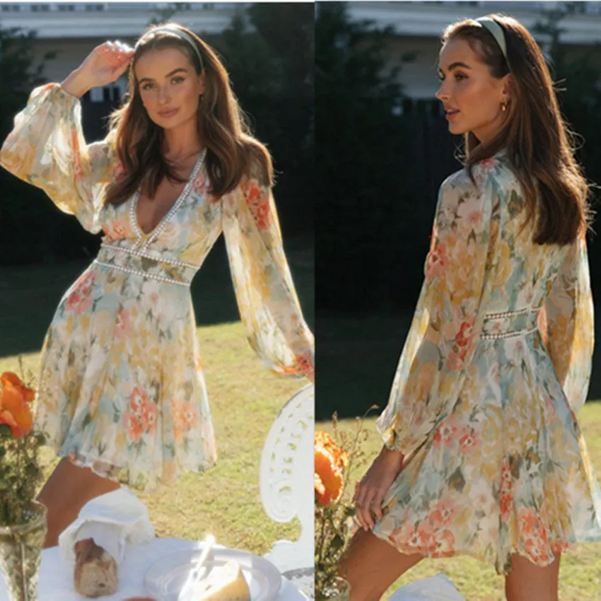 Oh she shines Plunging V neck Lace Dress | Floral Ruffle Dress | Short Lace Dress