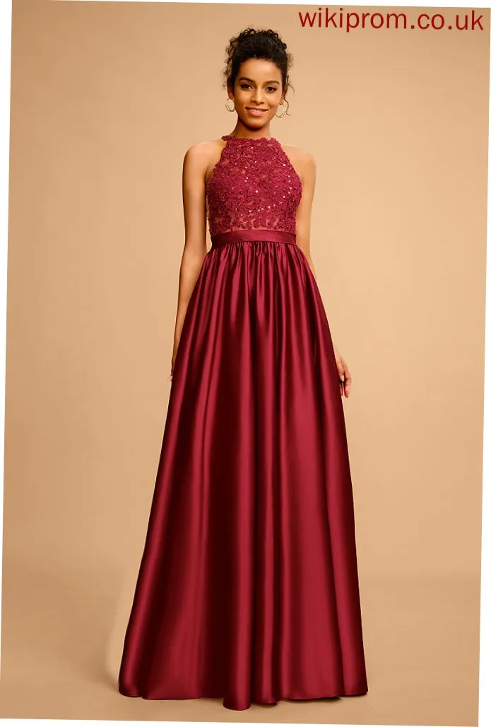 Prom Dresses Satin Floor-Length Sequins Halter Ball-Gown/Princess Lace With Penelope