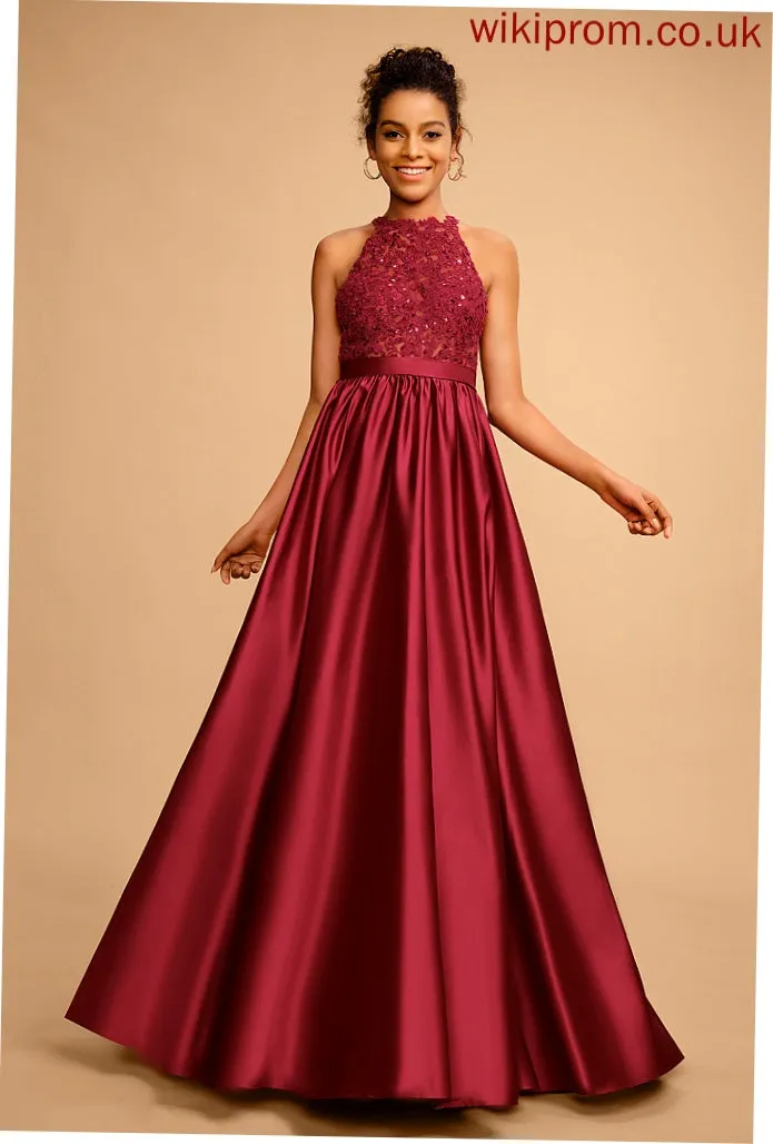 Prom Dresses Satin Floor-Length Sequins Halter Ball-Gown/Princess Lace With Penelope