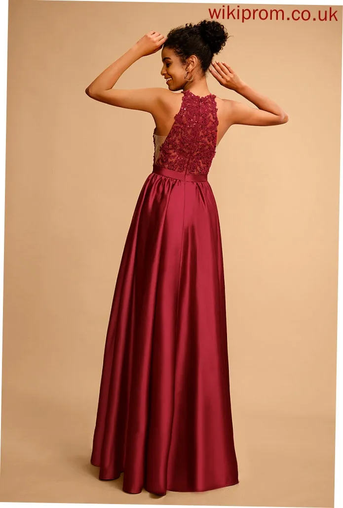 Prom Dresses Satin Floor-Length Sequins Halter Ball-Gown/Princess Lace With Penelope