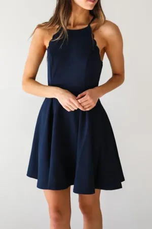 Promfast A Line Dark Navy Cute Halter High Neck Satin Short Homecoming Dress PFH0370