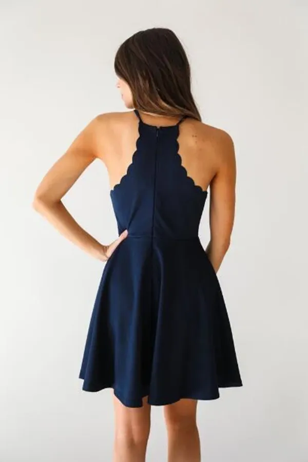 Promfast A Line Dark Navy Cute Halter High Neck Satin Short Homecoming Dress PFH0370