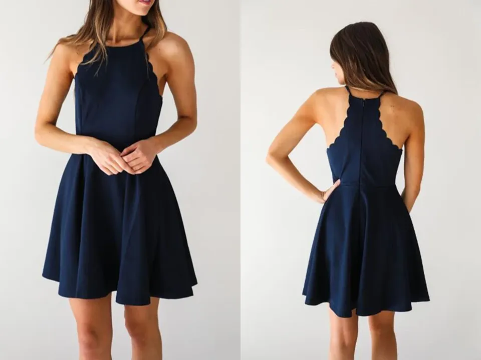 Promfast A Line Dark Navy Cute Halter High Neck Satin Short Homecoming Dress PFH0370