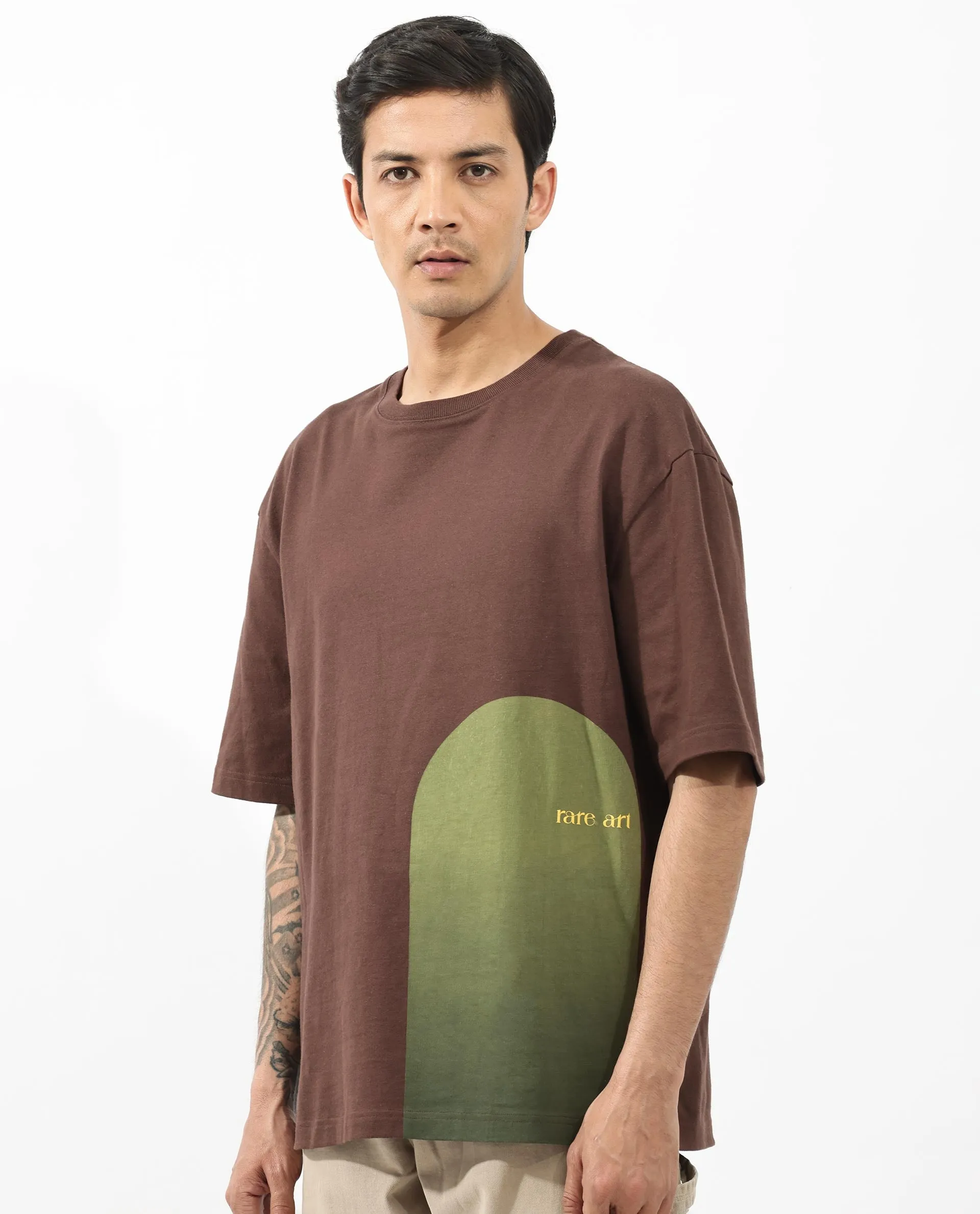 Rare Rabbit Articale Men's Heimer Brown Cotton Polyester Fabric Crew Neck Oversized Fit Knit Botanical Print T-Shirt