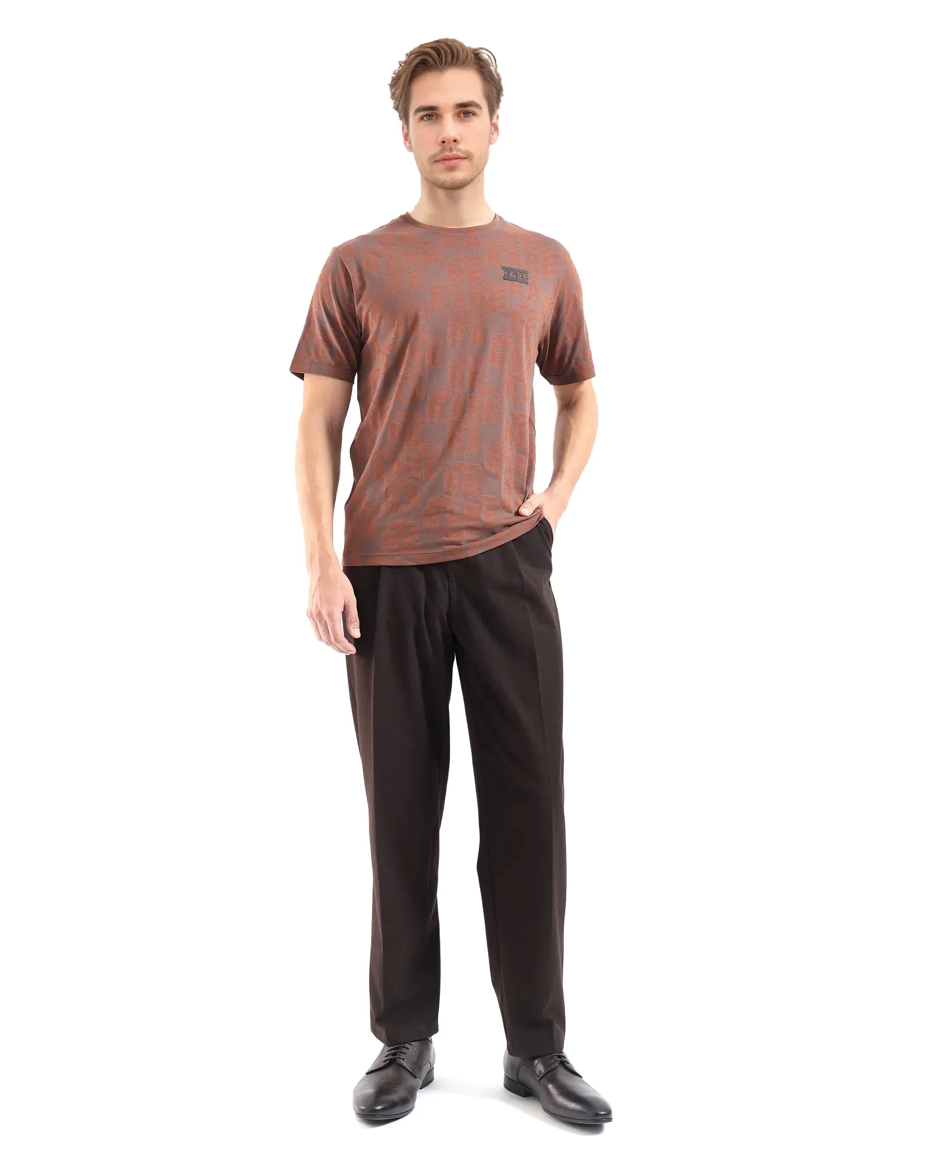 Rare Rabbit Men Azo Dark Brown Short Sleeve Crew Neck Branded Graphic Print T-Shirt