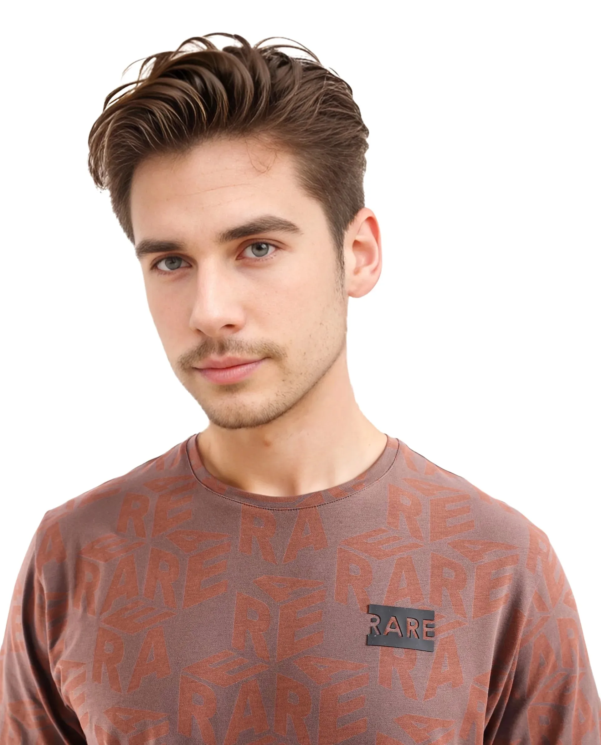Rare Rabbit Men Azo Dark Brown Short Sleeve Crew Neck Branded Graphic Print T-Shirt