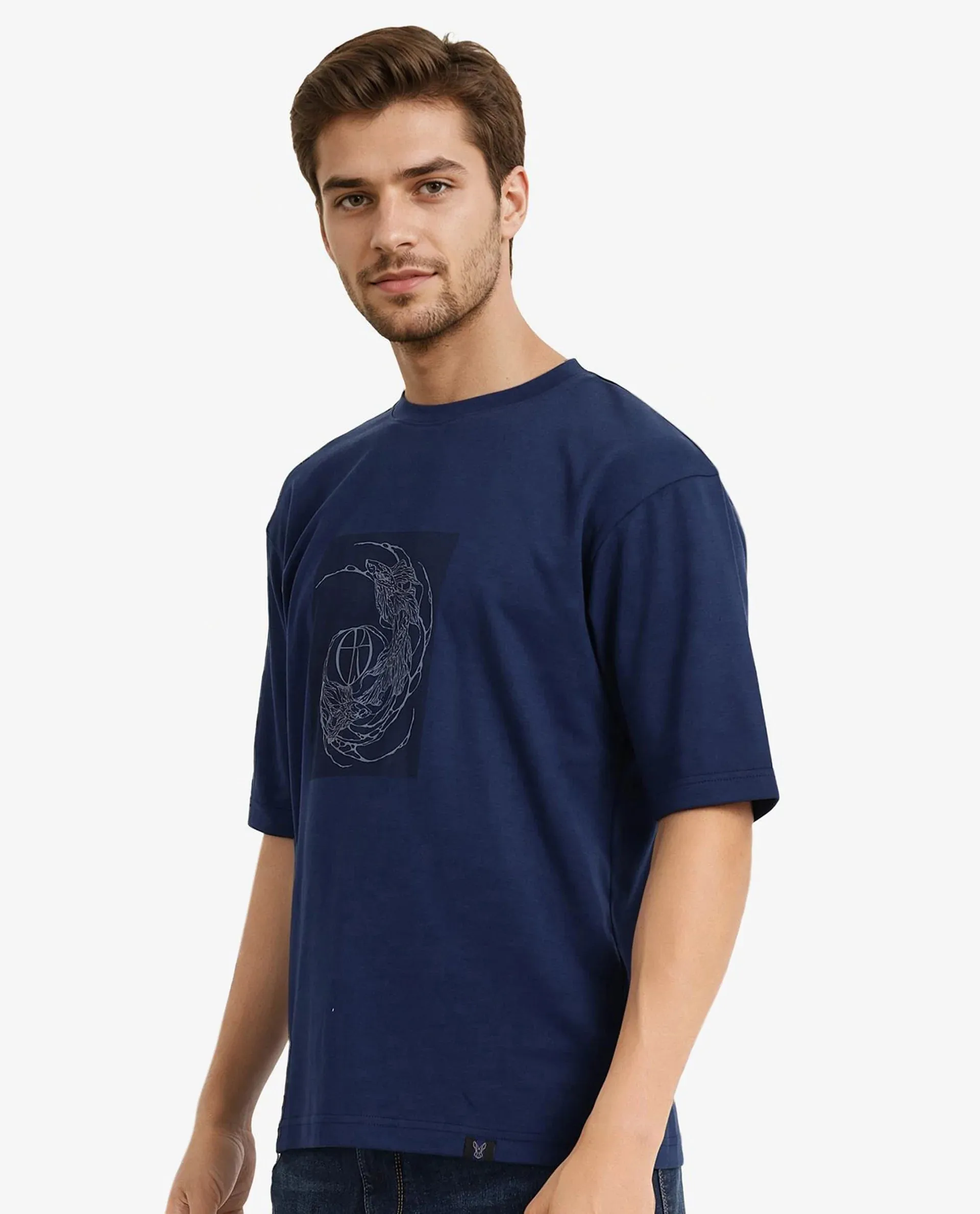 Rare Rabbit Men Skio Dusky Blue Cotton Polyester Fabric Short Sleeve Crew Neck Oversized Fit Graphic Print T-Shirt