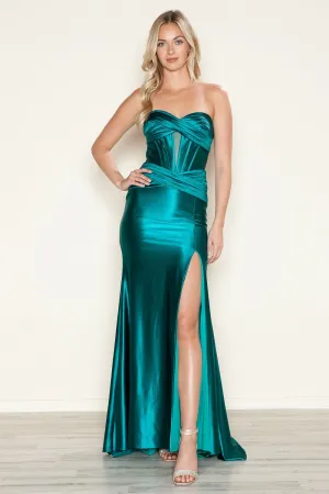 Satin Fitted Strapless Slit Gown by Poly USA 9574