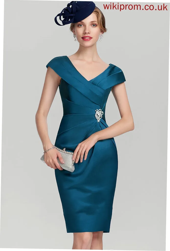 Sheath/Column Knee-Length Cocktail Dresses Marian Satin Dress Ruffle With Beading Cocktail V-neck