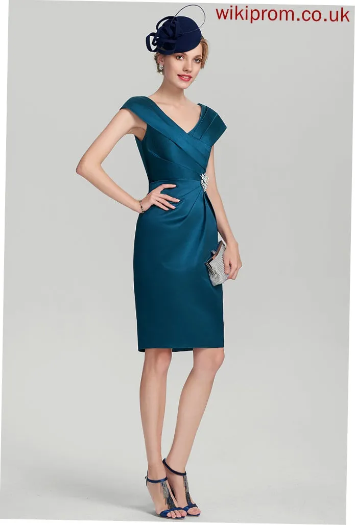 Sheath/Column Knee-Length Cocktail Dresses Marian Satin Dress Ruffle With Beading Cocktail V-neck