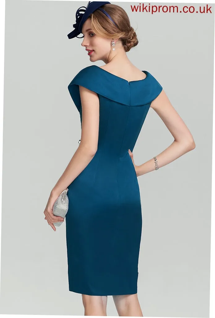 Sheath/Column Knee-Length Cocktail Dresses Marian Satin Dress Ruffle With Beading Cocktail V-neck