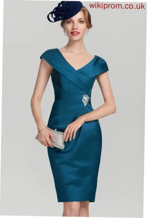 Sheath/Column Knee-Length Cocktail Dresses Marian Satin Dress Ruffle With Beading Cocktail V-neck